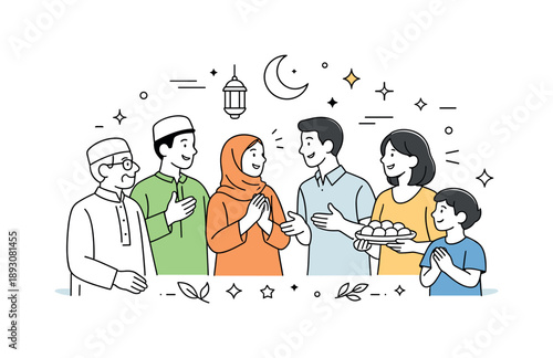 Cultural Celebration Gathering. Group celebrating cultural holiday together. Friends and family standing in a small group exchanging smiles and gestures,