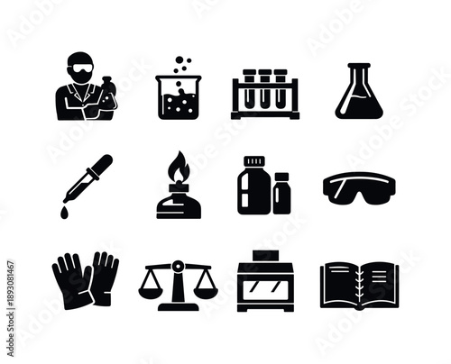 Chemistry Lab Icons. Chemistry Lab. Solid icon set of Chemistry Lab: chemist working, beaker reaction, test tube rack, chemical flask, pipette drop, bunsen