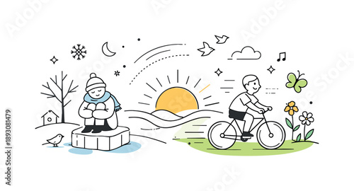 Seasonal Energy Awakening. Seasonal energy transition. Abstract elements gradually gaining movement and openness, symbolizing the shift from winter stillness