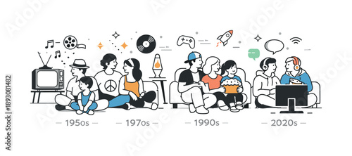 TV Through Decades. Television and culture over time. People from different decades watching TV together in a simplified, symbolic scene. Editorial