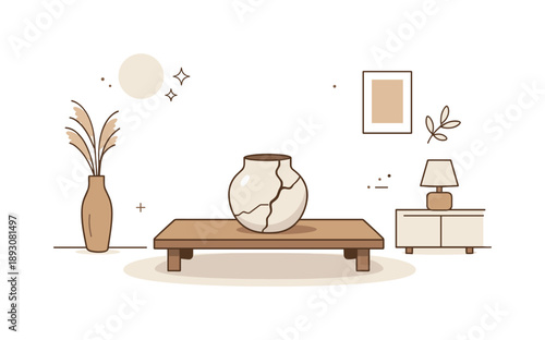 Wabi Sabi Decor. Wabi sabi home objects. A minimal interior space with a cracked pottery piece on a low table, surrounded by air and muted tones, expressing