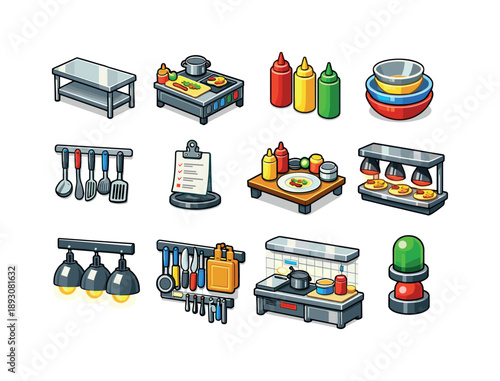 Colorful Kitchen Icons. Professional kitchen. Colorful isometric vector icons set of Professional kitchen: stainless counter, chef workstation, squeeze sauce