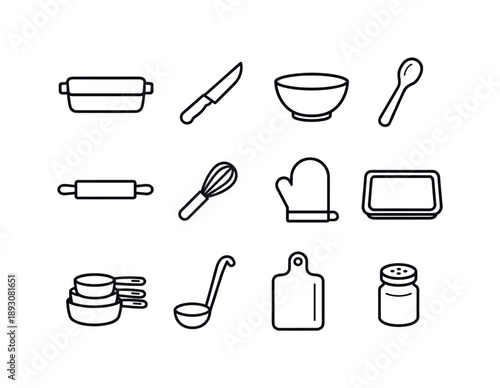 Holiday Cooking Icons. Holiday feasts. Line icon set of holiday cooking tools: roasting pan, carving knife, mixing bowl, wooden spoon, rolling pin, whisk, oven