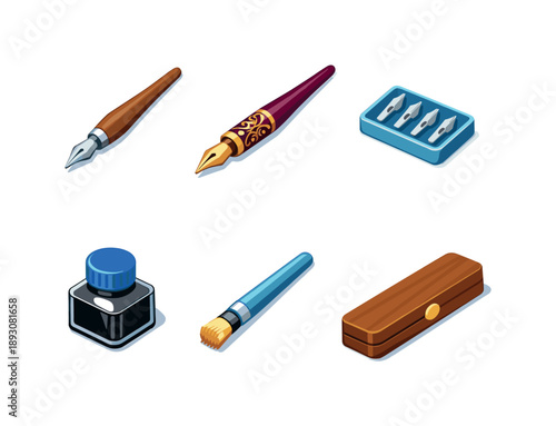 Isometric Ink Tools. Ink Writing. Isometric flat vector icons set of Ink Writing: classic dip pen, decorative pen grip, removable nib set, ink bottle with cap,