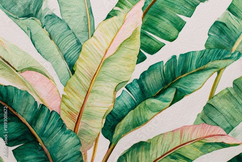 Large painting shows palm leaves and bananas in bright colors. The artwork features detailed brush strokes and colorful designs