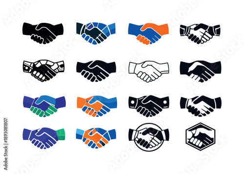 AI Business Transformation Logos. How AI transforms business. Icon set. Set Logo of how AI transforms business: robotic hand shaking human hand. harmonious