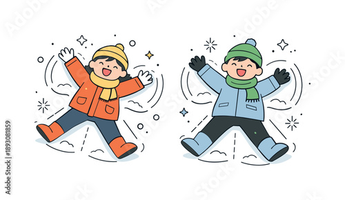 Winter Snow Angels Fun. Kids making snow angels winter play. Kids laughing and waving while lying in the snow. Pure excitement and spontaneous seasonal