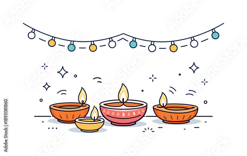 Diwali Diyas Glow. Diwali diyas and festival lights. A table decorated with lit clay diyas and subtle string lights, creating a warm, festive glow. Calm,