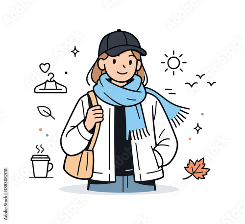 Minimalist Fashion Illustration. Light jacket and scarf vectors. Minimal editorial fashion illustration focusing on seasonal layering, light and approachable