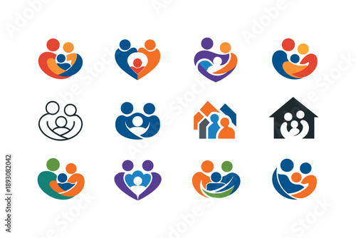 Family Support Icons. Family support systems in times of crisis. Icon set. Set Logo of family support systems in times of crisis: intertwined family figures.