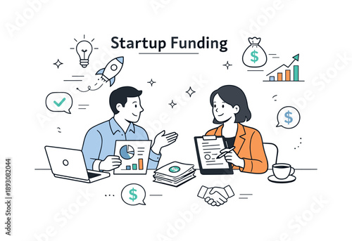 Entrepreneurs Discuss Funding. Startup funding concept. Entrepreneurs discussing investment documents and charts at a table, calm and professional interaction.