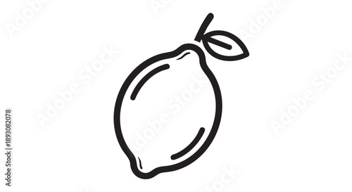 Simple line drawing of a lemon with a leaf on a plain background from a straightforward viewpoint