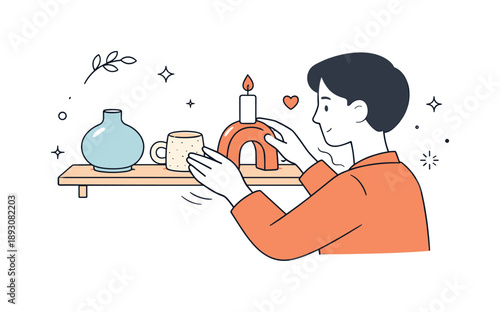 Ceramic Candle Arrangement. Handcrafted ceramic decor. A person placing ceramic candle holders on a shelf, adjusting their position carefully. Quiet