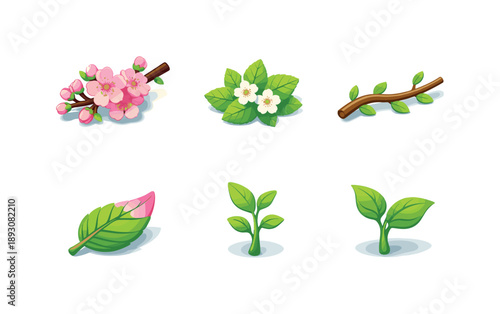 Spring Leaf Icons. Spring leaf & branch sets. Isometric flat vector icons set of Spring leaf & branch sets: flowering cherry branch, small blossom leaves,