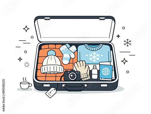 Winter Suitcase Essentials. Winter travel packing concept. Open suitcase with warm clothes, hat, socks, and travel accessories carefully placed inside, showing