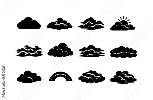 Moody Sky Icons. Moody Sky. Solid icon set of Moody Sky: dark cloud, rolling clouds, dramatic cloudscape, sun glow behind clouds, cloud waves, stormy sky mass,