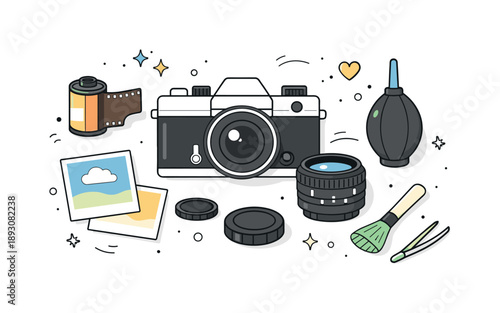 Analog Photography Tools. Analog photography flat lay. Assorted tools like camera, lens, film cartridge, and cleaning brush arranged clearly, evoking a slow