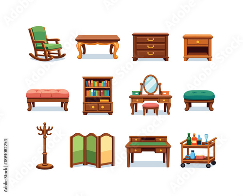 Colorful Classic Furniture Icons. Classic Furniture. Colorful flat vector icons set of Classic Furniture: wooden rocking chair, clawfoot table, chest of