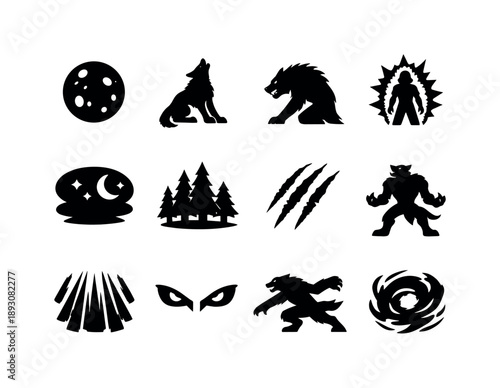 Full Moon Icons. Full Moon Beast. Solid icon set of Full Moon Beast: full moon, werewolf howling, wolf shadow, glowing aura, night sky, forest trees, claw