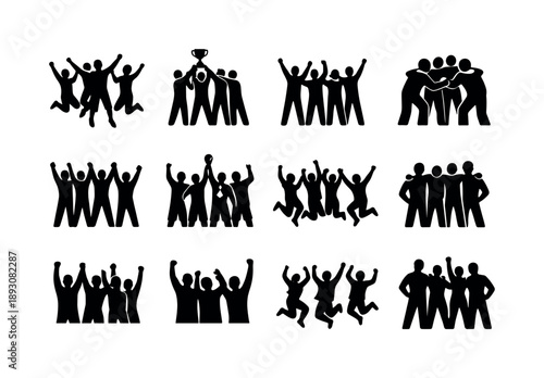 Victorious Team Icons. Victorious Team. Solid icon set of Victorious Team: team celebrating, group victory pose, champions together, winning team huddle,
