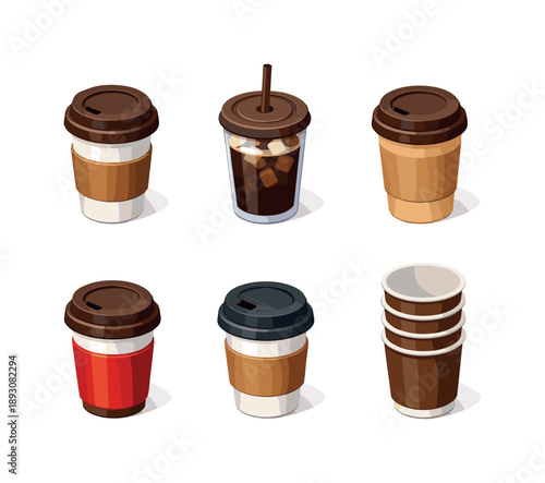 Colorful Coffee Cups. Coffee takeaway. Isometric flat vector icons set of coffee takeaway: hot coffee cup with lid, iced coffee to-go cup, kraft paper coffee