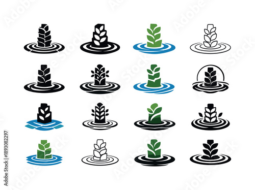 Urban Farming Logos. urban farming riptides. Icon set. Set Logo of urban farming riptides: hydroponic ripple tower. harmonious logo variations of the same