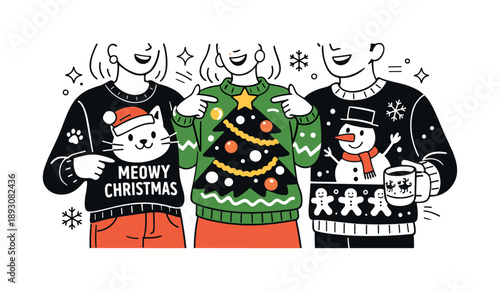 Ugly Sweater Party. Friends attending ugly sweater party details. Close view of friends showing funny sweater patterns and textures. Playful fashion and