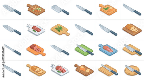 Isometric Vector Icon Set of Professional Chef Knives and Cutting Boards with Sliced Food; Includes Meat, Cheese, Bread, and Vegetables on Wooden and Marble Boards for Kitchen and Cooking Design.