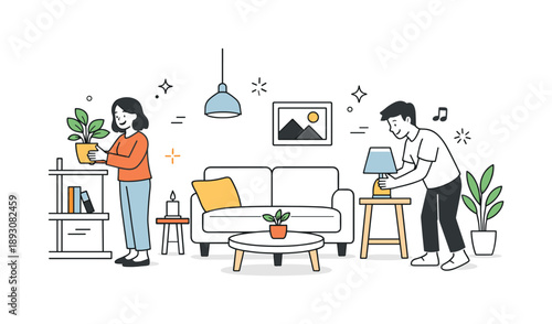 Cozy Home Decorating. Couple decorating home. Couple placing plants and lamps to create a cozy interior. Calm everyday scene focused on comfort, balance, and