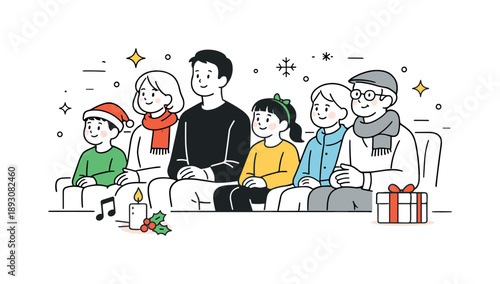 Family Christmas Concert. Christmas concert audience family. Adults and children sitting together listening attentively, simple winter accessories and festive