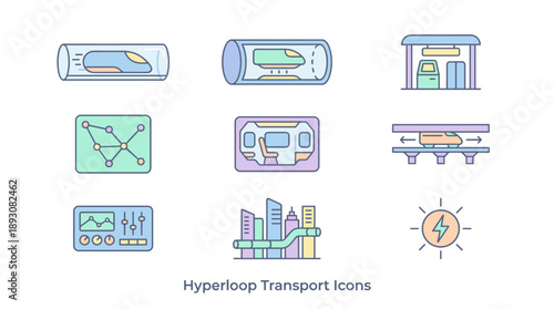 Hyperloop Transport Vector Icon Set with High-Speed Pods, Vacuum Tubes, Stations, Network Maps, Cabin Interiors, and Solar Energy Icons in a Flat Design Style with a Soft Pastel Color Palette.