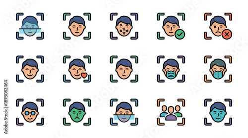 Facial Recognition Icon Set featuring bold outline vector illustrations of biometric scanning, face mapping, identity verification, mask detection, and digital security authentication technology.
