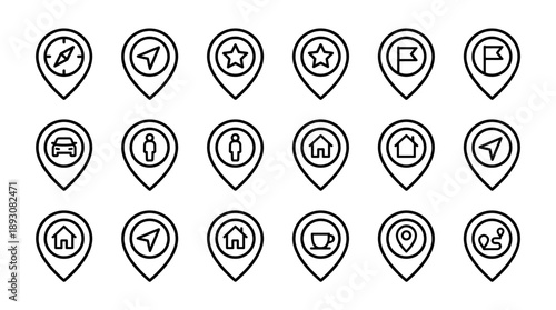 Minimalist Navigation Map Pin Icon Set in Line Art Style Featuring GPS Location Markers for Travel, Home, Car, Person, Compass, Star, Flag, Coffee, and Route Planning for Web and App UI Design.