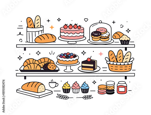 Charming Bakery Display. Bakery window display. A flat editorial composition showing cakes, bread, and pastries arranged neatly in a bakery window. Cheerful,