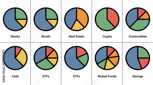 Vector Icon Set of Investment Portfolio Pie Charts Representing Stocks, Bonds, Real Estate, Crypto, Commodities, Cash, ETFs, Mutual Funds, and Savings in a Bold Outline Minimalist Flat Design