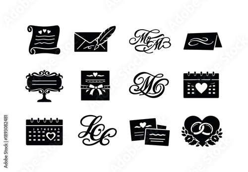 Wedding Calligraphy Icons. Wedding Calligraphy. Solid icon set of Wedding Calligraphy: invitation lettering, envelope addressing, elegant script names, place