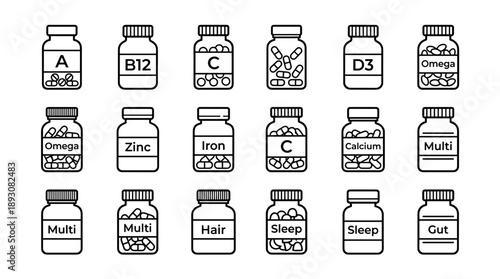 Vector icon set of vitamin and supplement bottles in a minimalist black and white line art style. Features Vitamin A, B12, C, D3, Omega, Zinc, Iron, Calcium, Multi, Hair, Sleep, and Gut health labels.