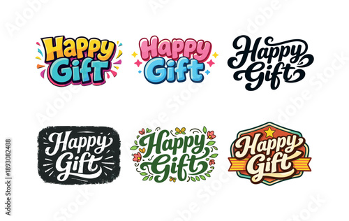 Creative Lettering Grid. Happy Gift. Set lettering. harmonious lettering variations of the same emblematic concept, each with different artistic interpretation