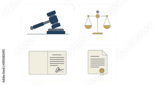 Professional vector illustration set of four icons for legal and compliance services featuring a judge's gavel, scales of justice, signed contract agreement, and certified document with seal.