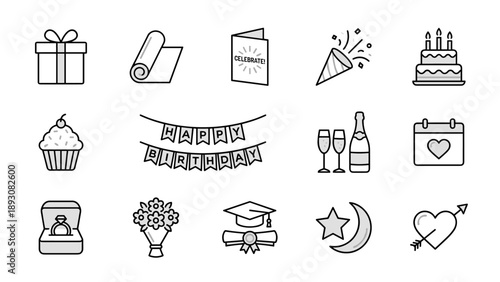 Collection of 14 Celebration and Special Occasion Line Icons Including Gift Box, Birthday Cake, Champagne, Graduation Cap, Engagement Ring, Heart, Flowers, and Party Popper Vector Illustrations