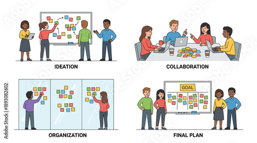 Diverse Business Team Workflow Vector Illustration Set Showing Ideation, Collaboration, Organization, and Final Plan Stages with Sticky Notes, Whiteboards, and Laptops for Project Management.