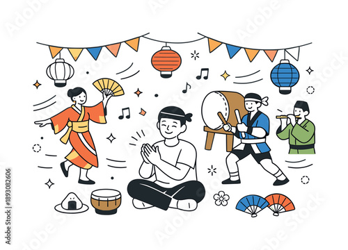 Festive Dance Celebration. Traditional festival celebration. A character enjoying music and dance performances surrounded by banners, lanterns, and patterns.