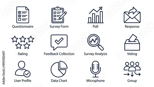 Set of 12 professional survey and polling line icons: questionnaire, survey form, poll, response, rating, feedback collection, survey analysis, voting, user profile, data chart, microphone, and group.