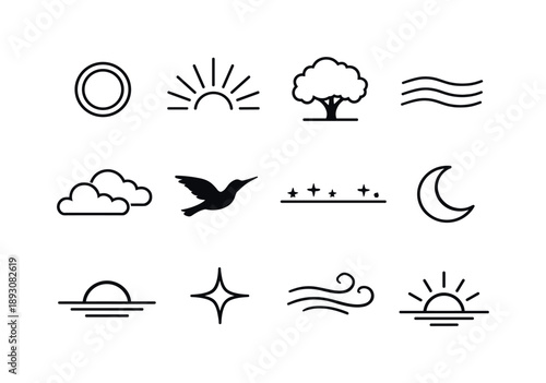 Sunset Magic Icons. Sunset magic. Line icon set of Sunset magic: glowing orb, fading rays, silhouette tree, quiet waves, dimmed clouds, drifting bird, starlit