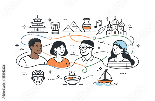 Cultural Connection. Cultural heritage connection. A conceptual editorial scene of diverse people linked by symbolic cultural icons and abstract patterns,