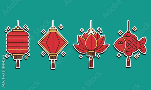 Set of Chinese New Year Red Lantern Collection Illustration Featuring Traditional Round, Square, Cylindrical, and Lotus Flower Shaped Paper Lamps with Gold Accents for Lunar Festival Decoration