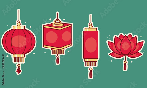 Set of Chinese New Year Red Lantern Collection Illustration Featuring Traditional Round, Square, Cylindrical, and Lotus Flower Shaped Paper Lamps with Gold Accents for Lunar Festival Decoration