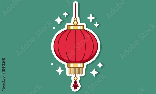 Red Chinese Lantern Illustration with Golden Details and Sparkling Stars on Green Background, Traditional Oriental Hanging Lamp Decor for Lunar New Year, Spring Festival, and Asian Cultural Celebratio
