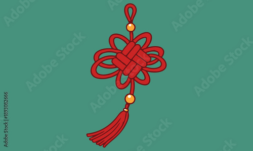 Traditional Red Chinese Knot Illustration with Gold Beads and Silk Tassel for Lunar New Year Decoration, Oriental Mystic Knot Symbolizing Good Luck and Longevity, Cultural Asian Festive Vector Art