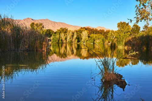 Canvas Print Golden Hour Pond Reflections and Mountain Landscape Floyd Lamb Park Las Vegas